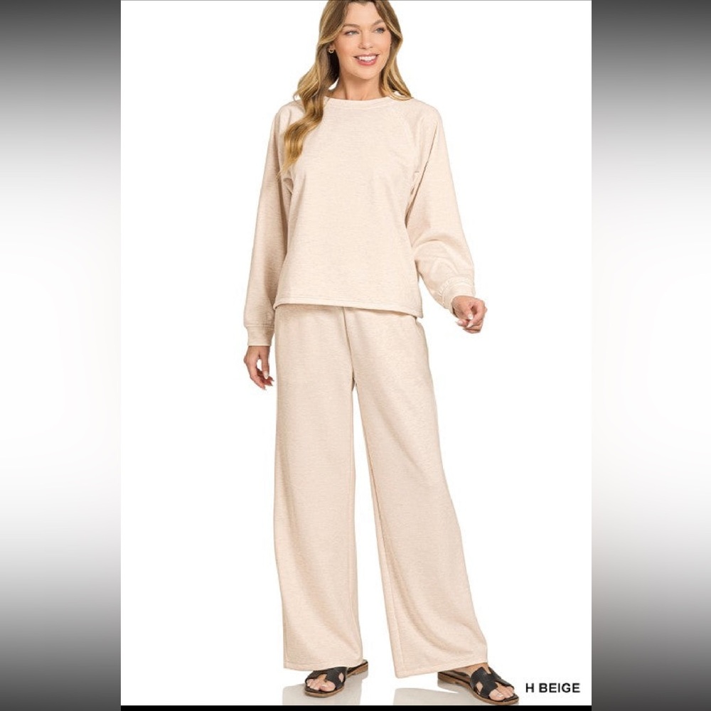 Zenana Sand Beige Scuba Crewneck Pullover & Pants 2 Pieces Set